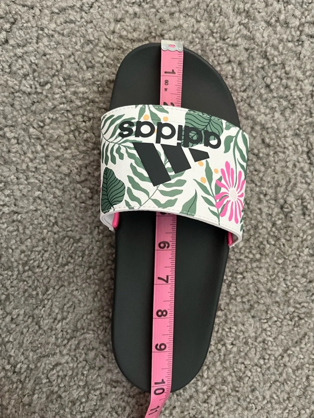 adidas Black Slide Sandals with Pink Trim and Floral Strap - Picture 6 of 8